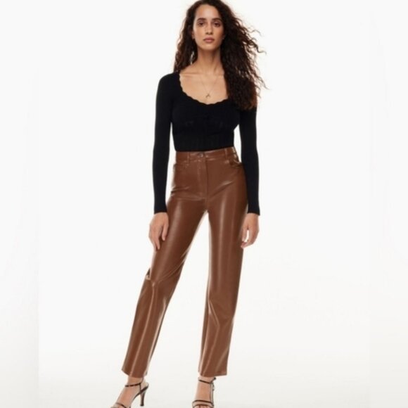 Aritzia Wilfred Melina Brown Vegan Leather Straight Leg Pants size 4 - Picture 1 of 5